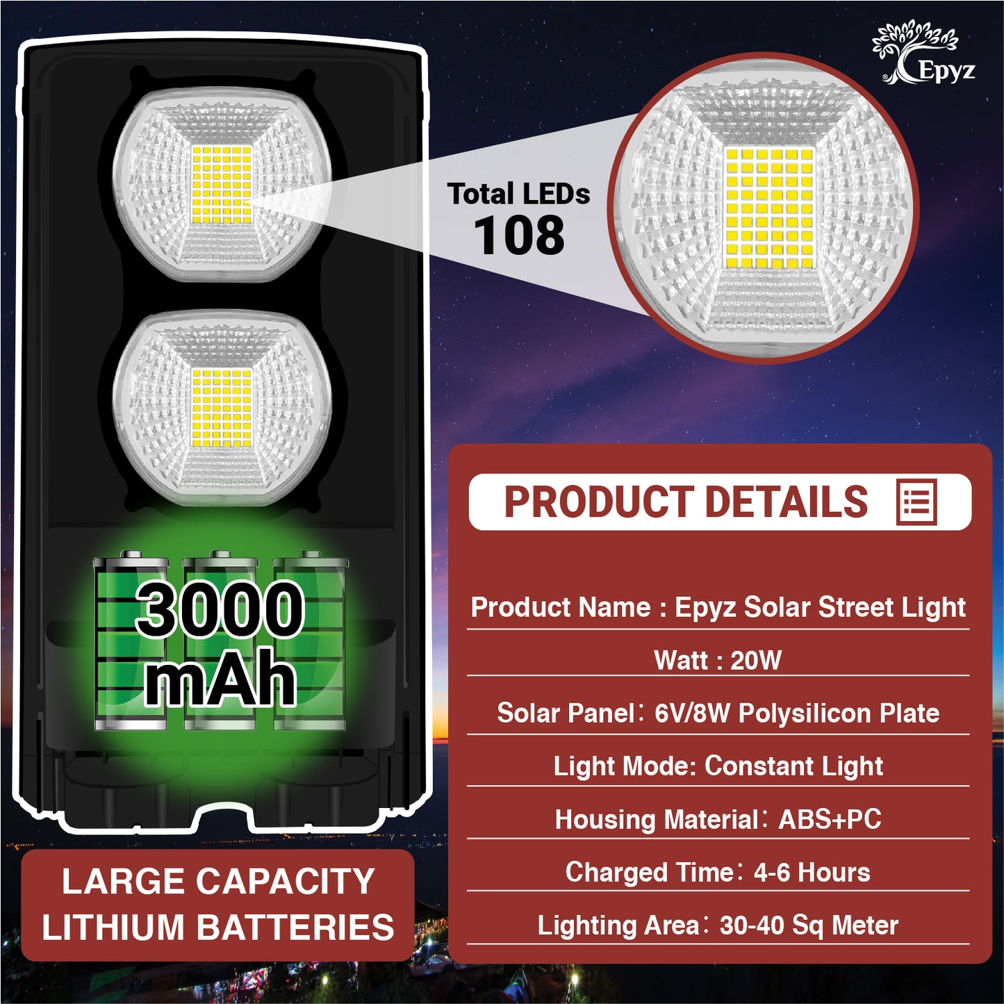 Solar Street Light For Garden Outdoor 20 Watt (White Light)