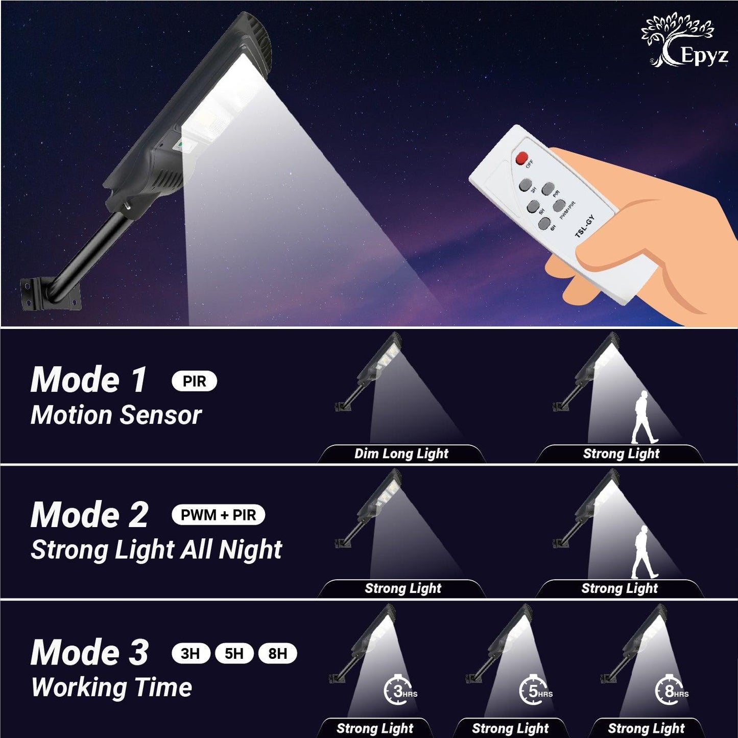 60 Watt Solar Black Street Lights With Motion Sensor ( White Light )