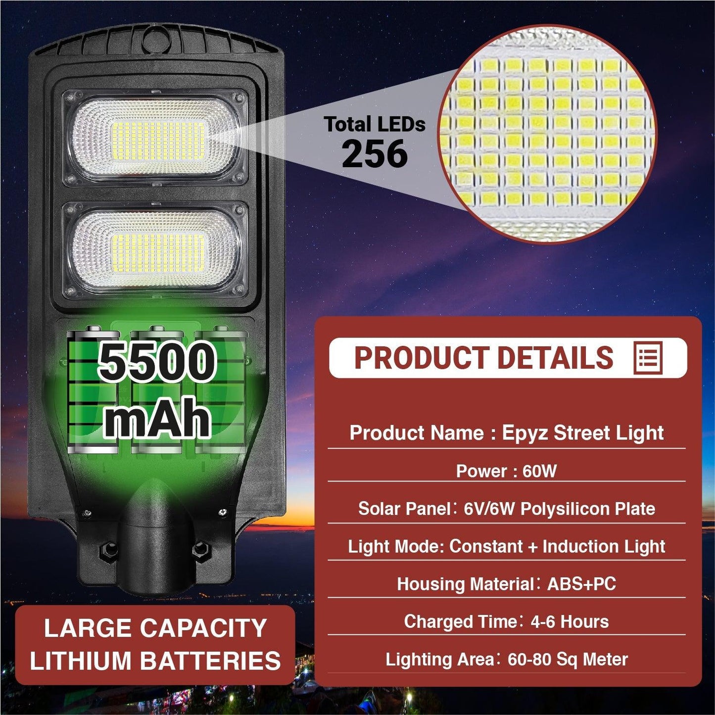 60 Watt Street Lights | Solar Black Street Lights White Yellow