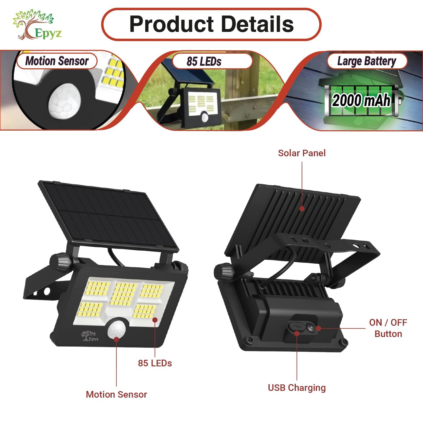Solar LED Flood Light 20W (Buy 1 Get 1 Free) | USB Rechargeable | 2000mAh Battery