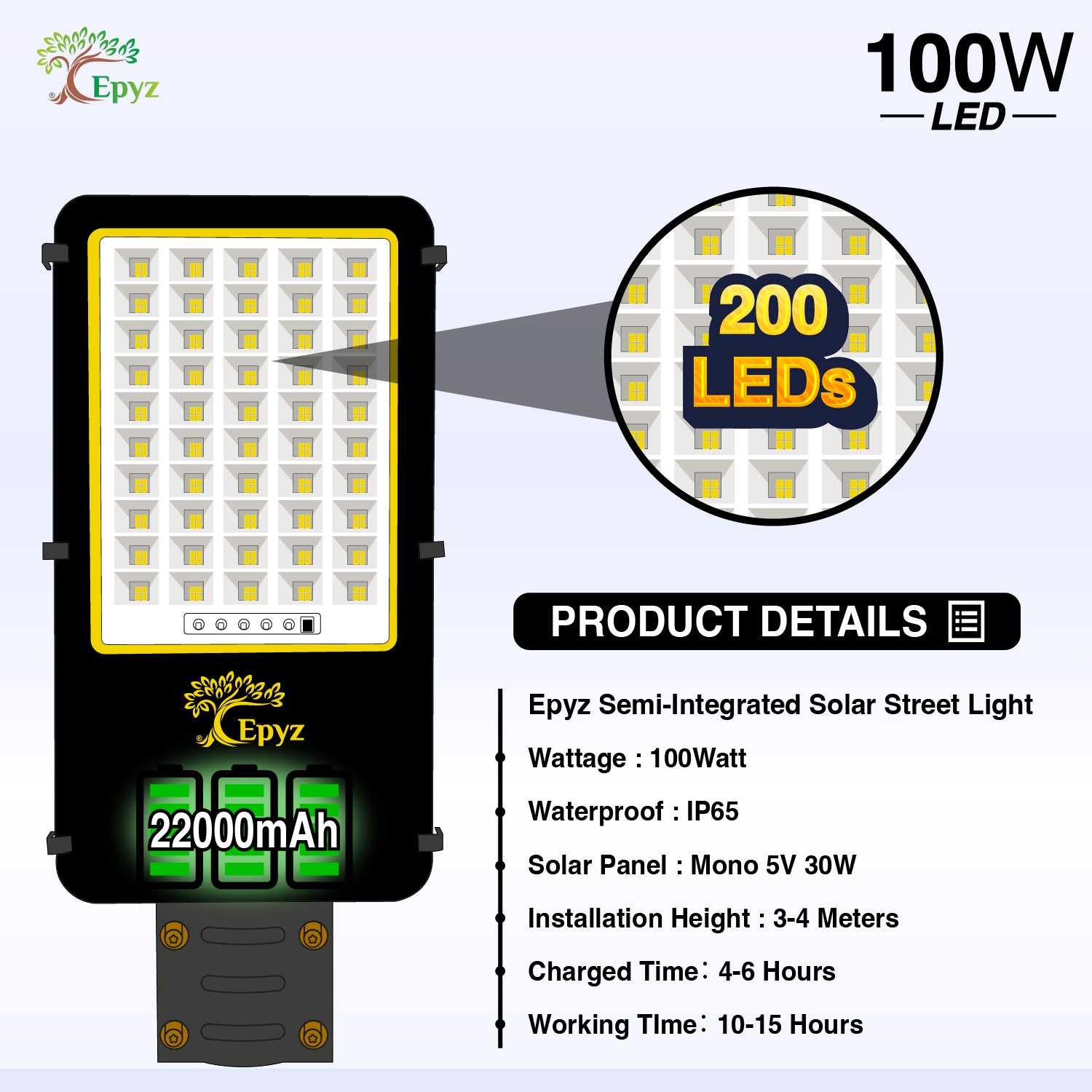 100 WATT SEMI-INTEGRATED SOLAR STREET LIGHT ALUMINIUM BODY