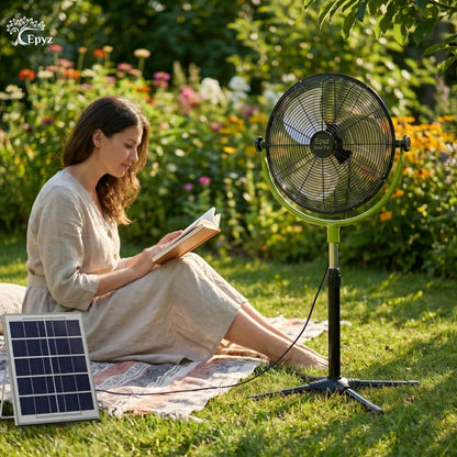 SOLAR POWERED PORTABLE  & RECHARGEABLE FAN - 14 INCH ALUMINIUM BODY (PEDESTAL FAN)