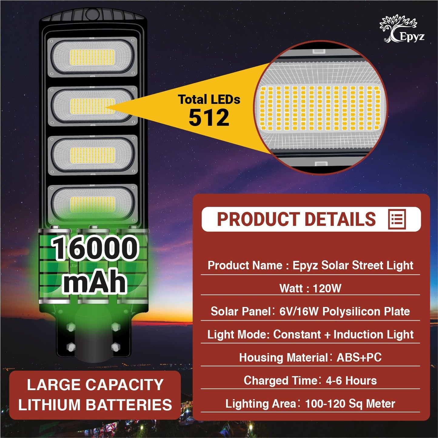 Buy Online 120 Watt Solar Street Lights (Warm Light)- Epyz