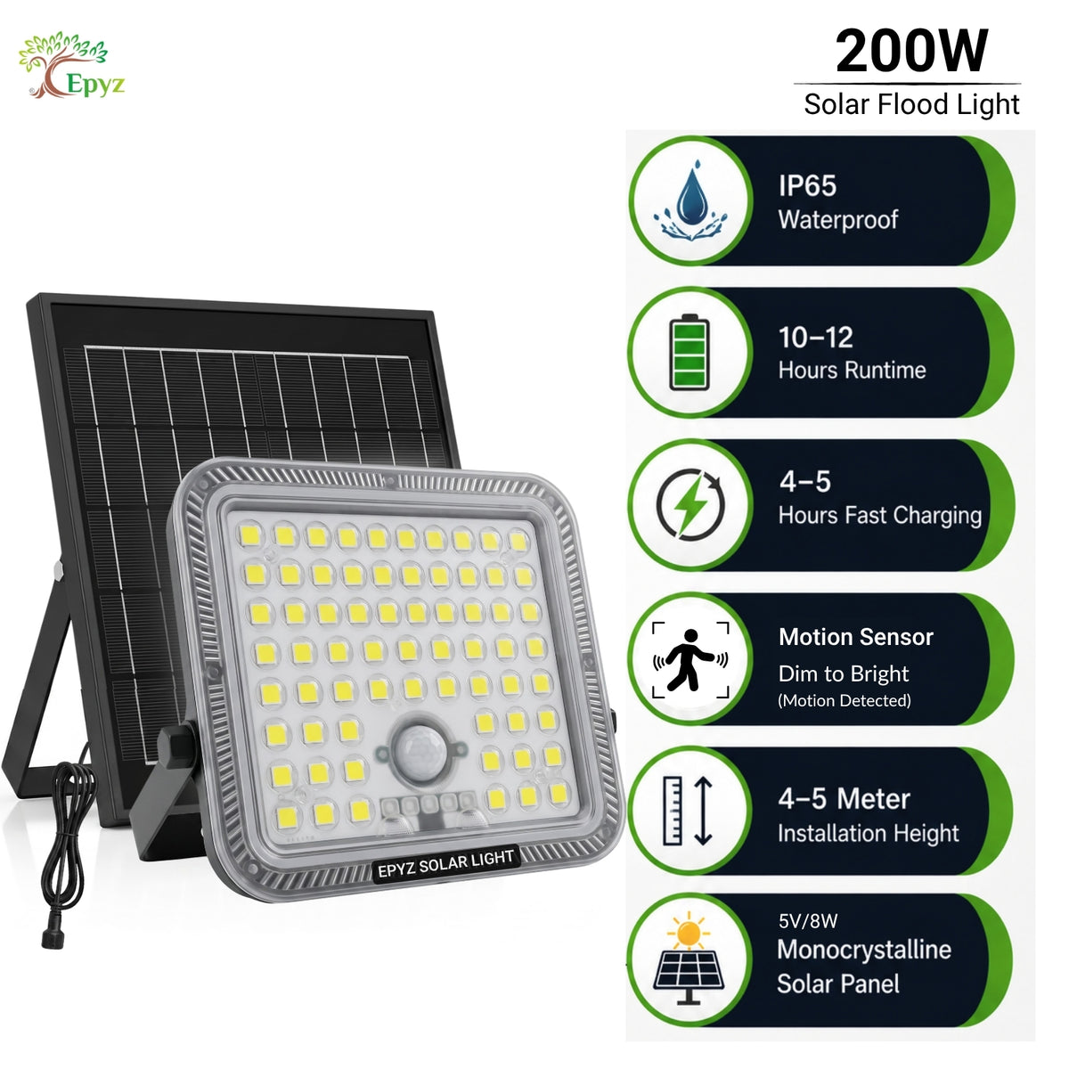 200 WATT SOLAR FLOOD LIGHT WITH MOTION SENSOR (63 LED)