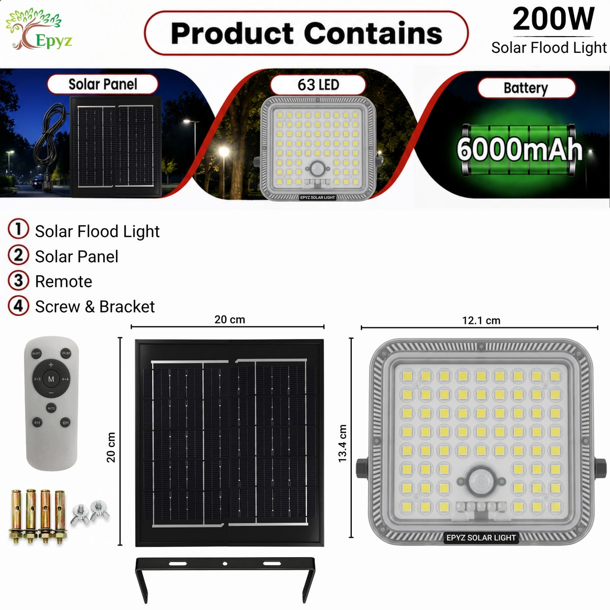 200 WATT SOLAR FLOOD LIGHT WITH MOTION SENSOR (63 LED)