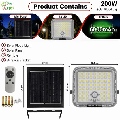 200 WATT SOLAR FLOOD LIGHT WITH MOTION SENSOR (63 LED)