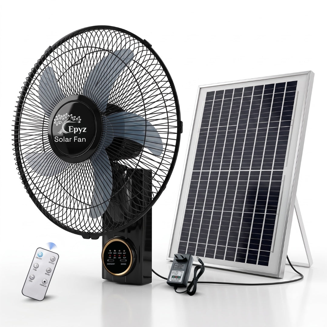 SOLAR PORTABLE & ADJUSTABLE BLACK WALL FAN - FS298