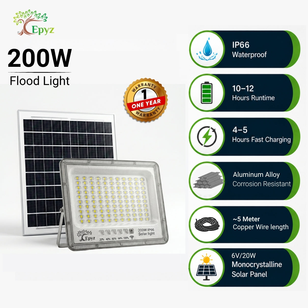 200 WATT SOLAR FLOOD LIGHT WITH ALUMINIUM BODY