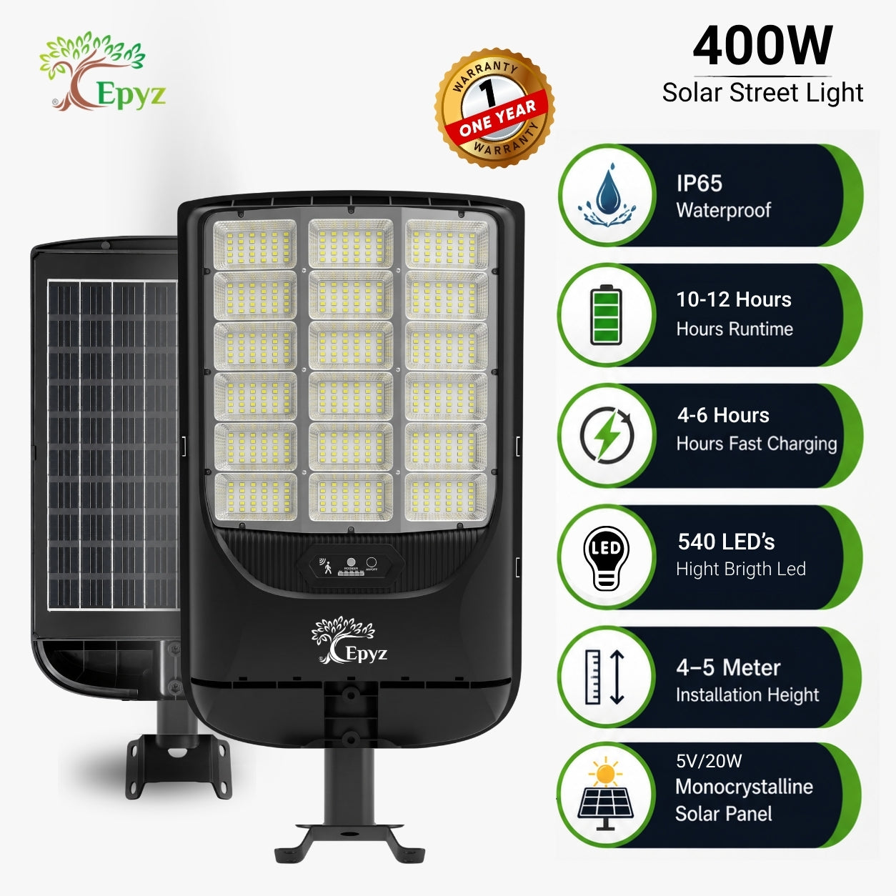400 WATT SOLAR STREET LIGHT WITH (540 LEDS)