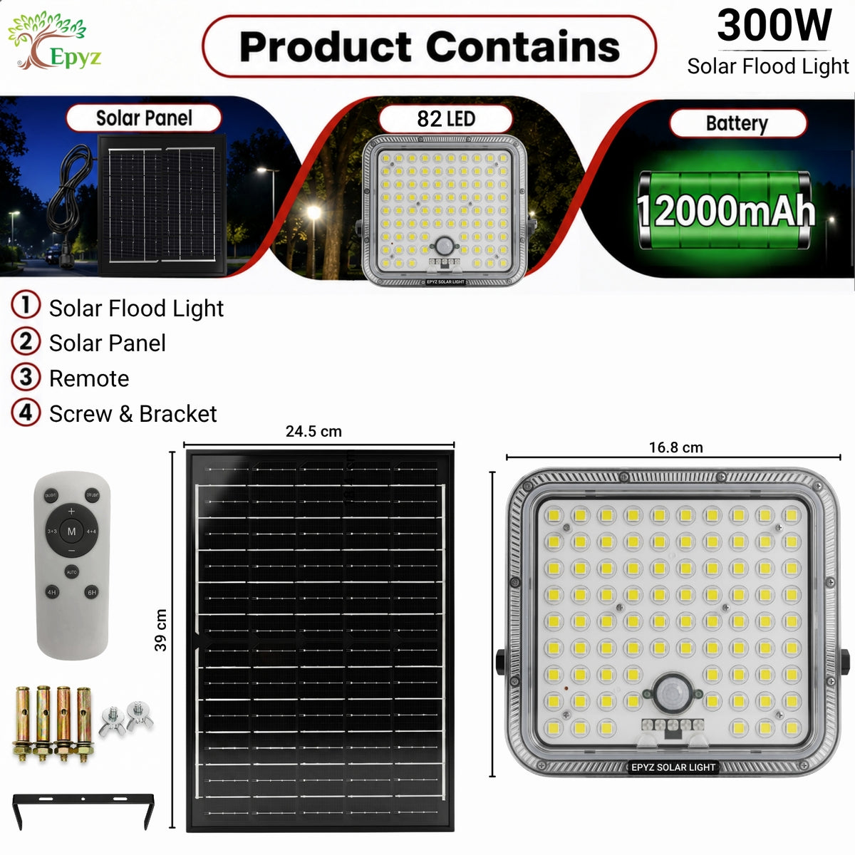 300 WATT SOLAR FLOOD LIGHT WITH MOTION SENSOR (82 LED)