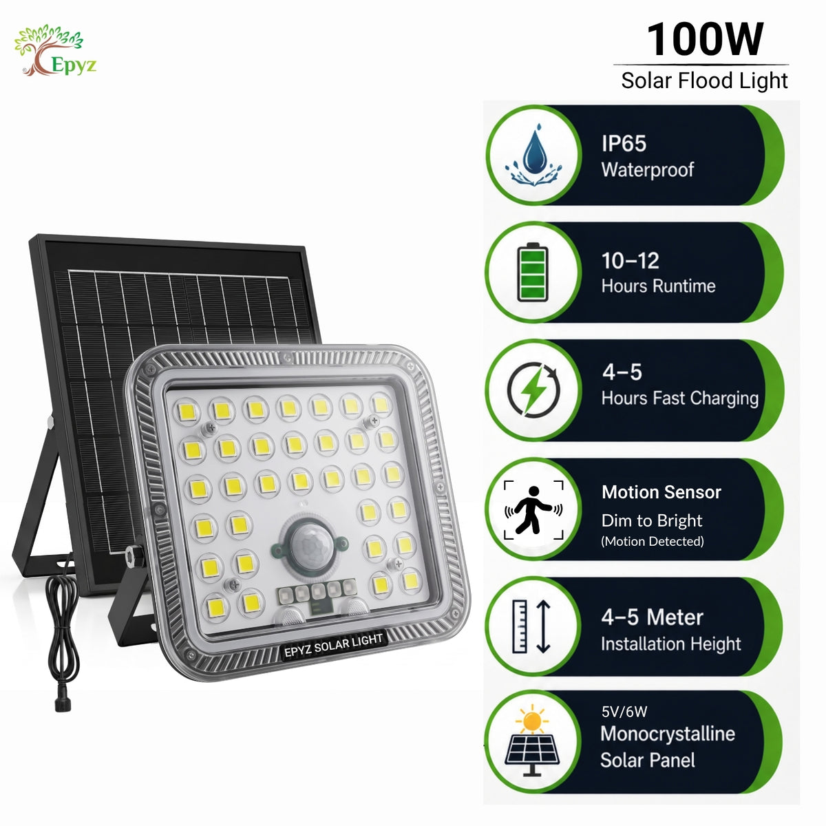 100 WATT SOLAR FLOOD LIGHT WITH MOTION SENSOR (33 LED)