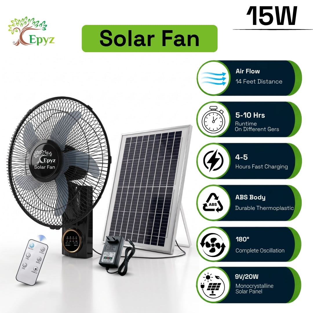 SOLAR PORTABLE & ADJUSTABLE BLACK WALL FAN - FS298