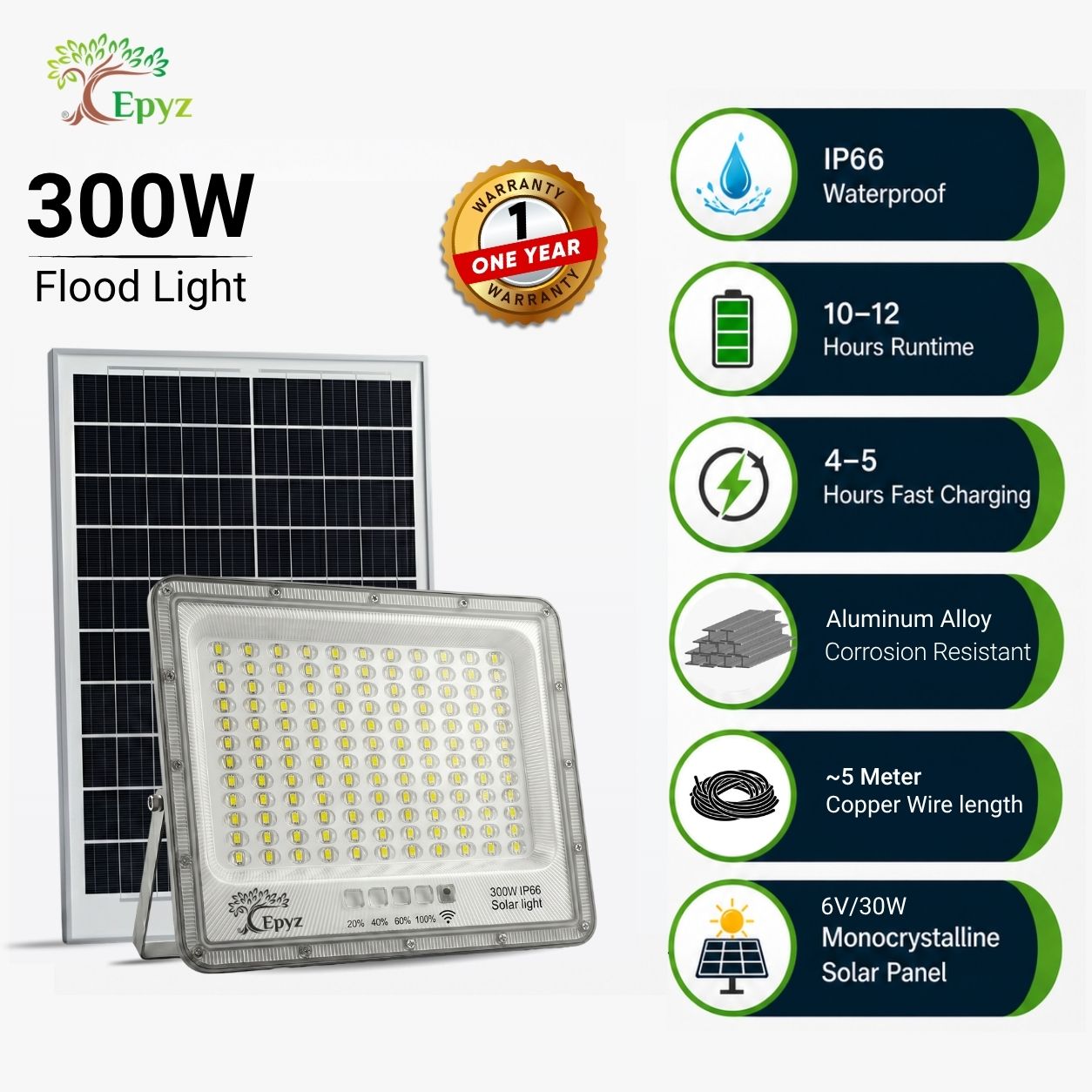 300 WATT SOLAR FLOOD LIGHT WITH ALUMINIUM BODY