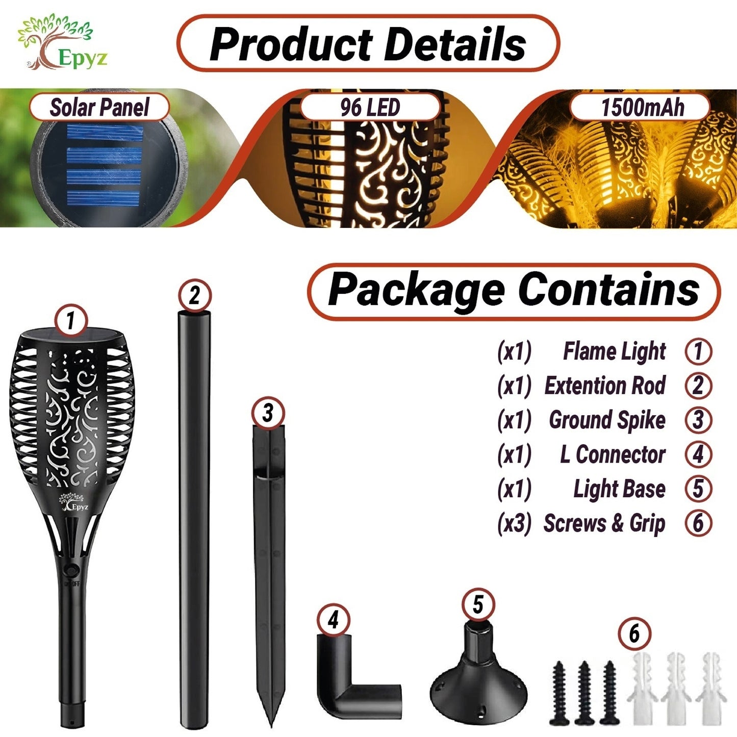 96 LED 3 in 1 Solar Mashaal Lights - Epyz (Pack of 2)