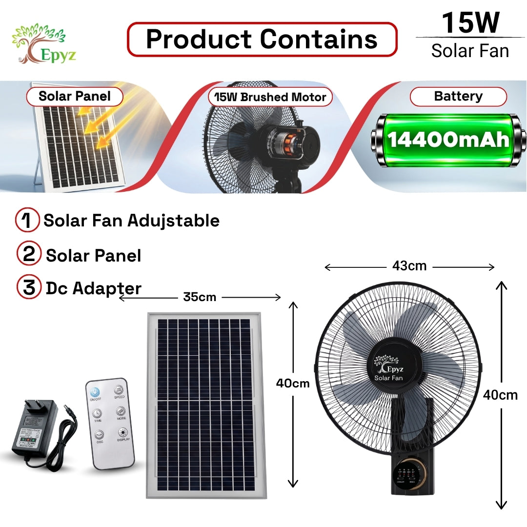 SOLAR PORTABLE & ADJUSTABLE BLACK WALL FAN - FS298