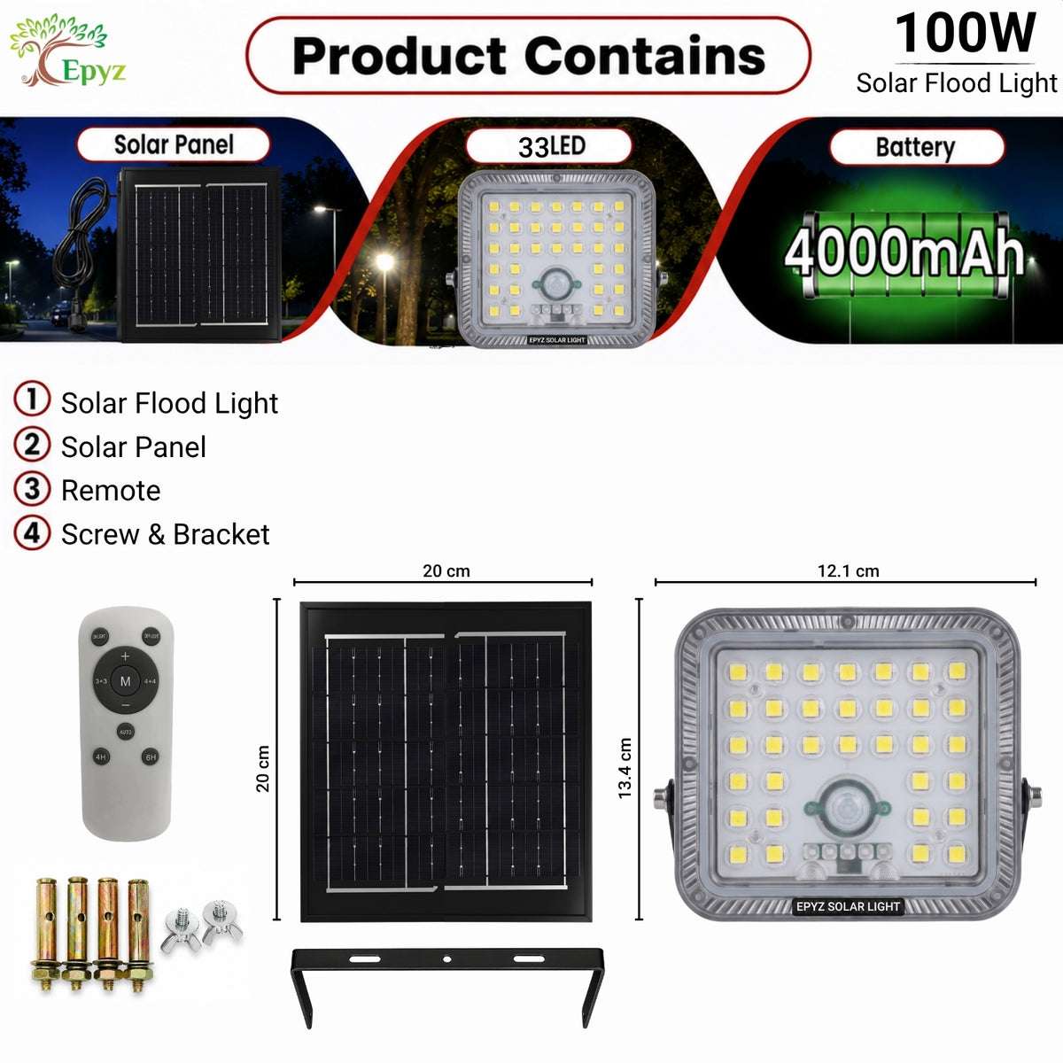 100 WATT SOLAR FLOOD LIGHT WITH MOTION SENSOR (33 LED)