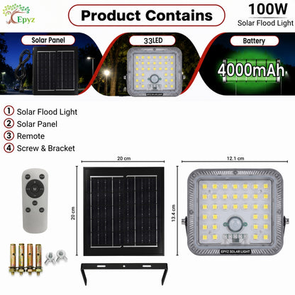 100 WATT SOLAR FLOOD LIGHT WITH MOTION SENSOR (33 LED)