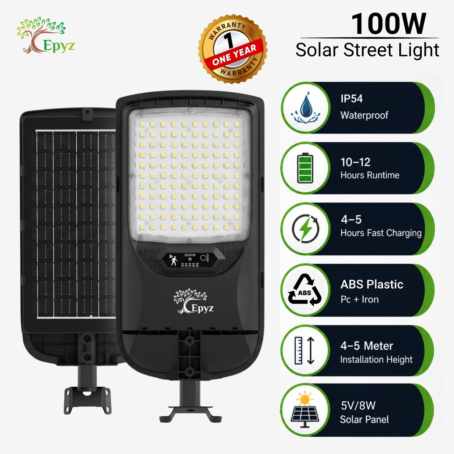 100 WATT SOLAR STREET LIGHT WITH OPTICAL LENS & (110 LED)