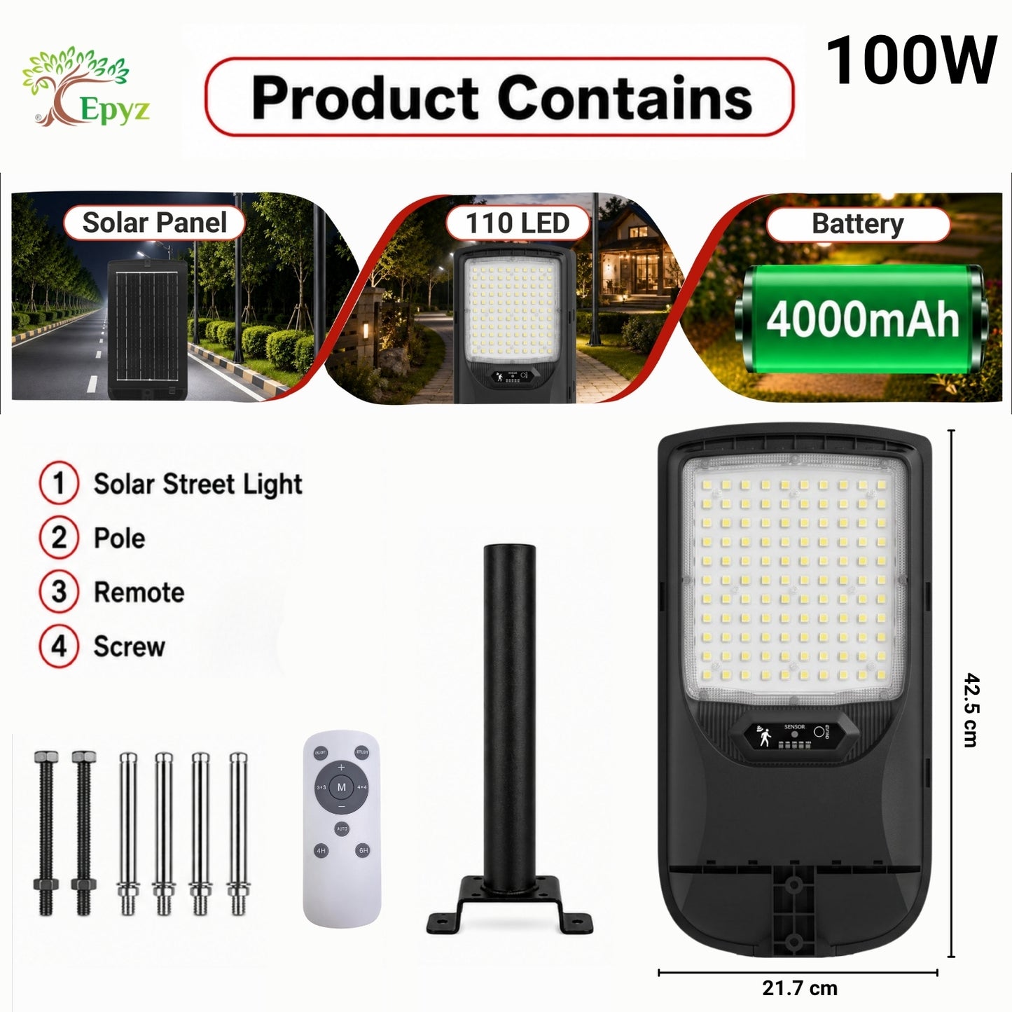 100 WATT SOLAR STREET LIGHT WITH OPTICAL LENS & (110 LED)