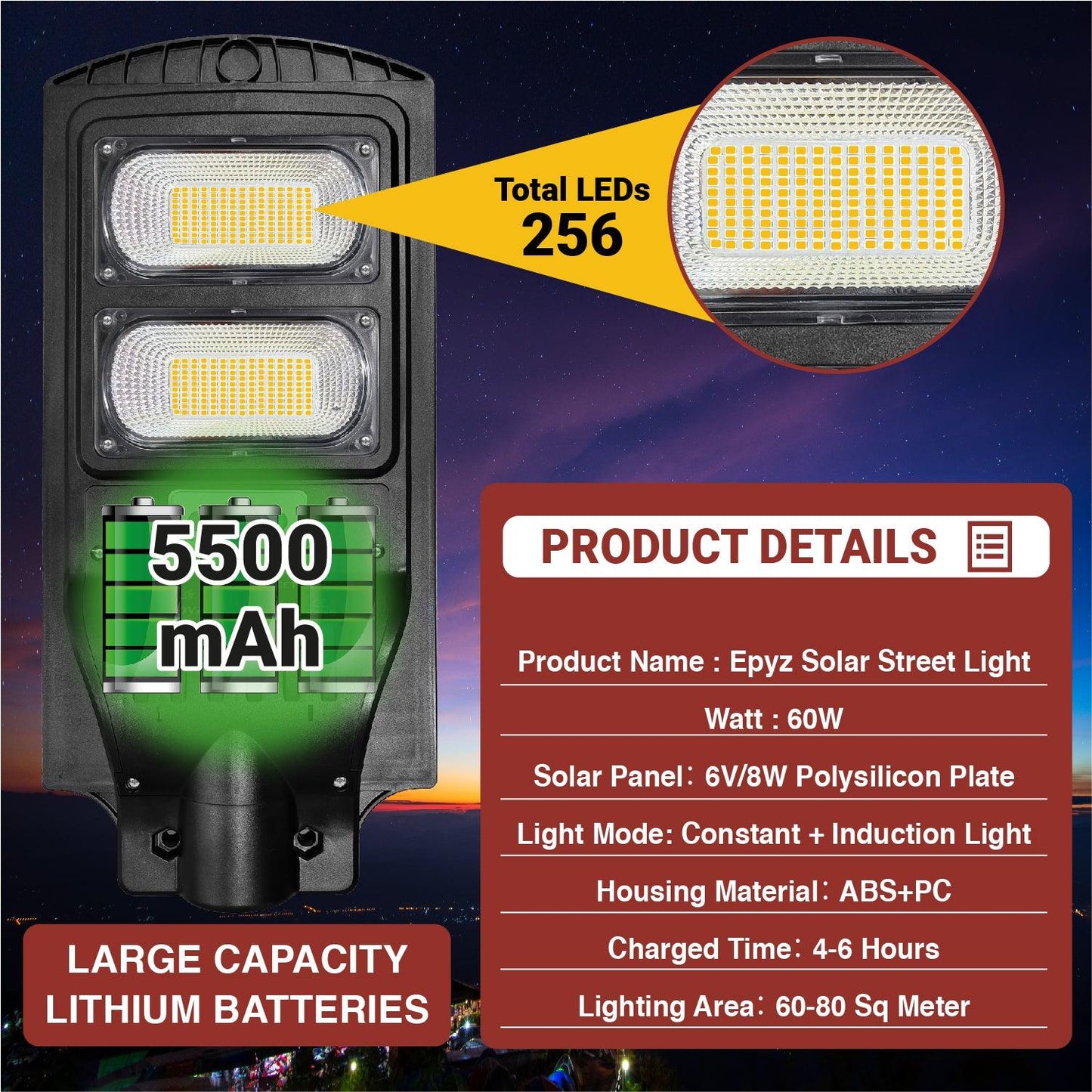 60 Watt Solar Street Lights for Garden ( Warm Light )