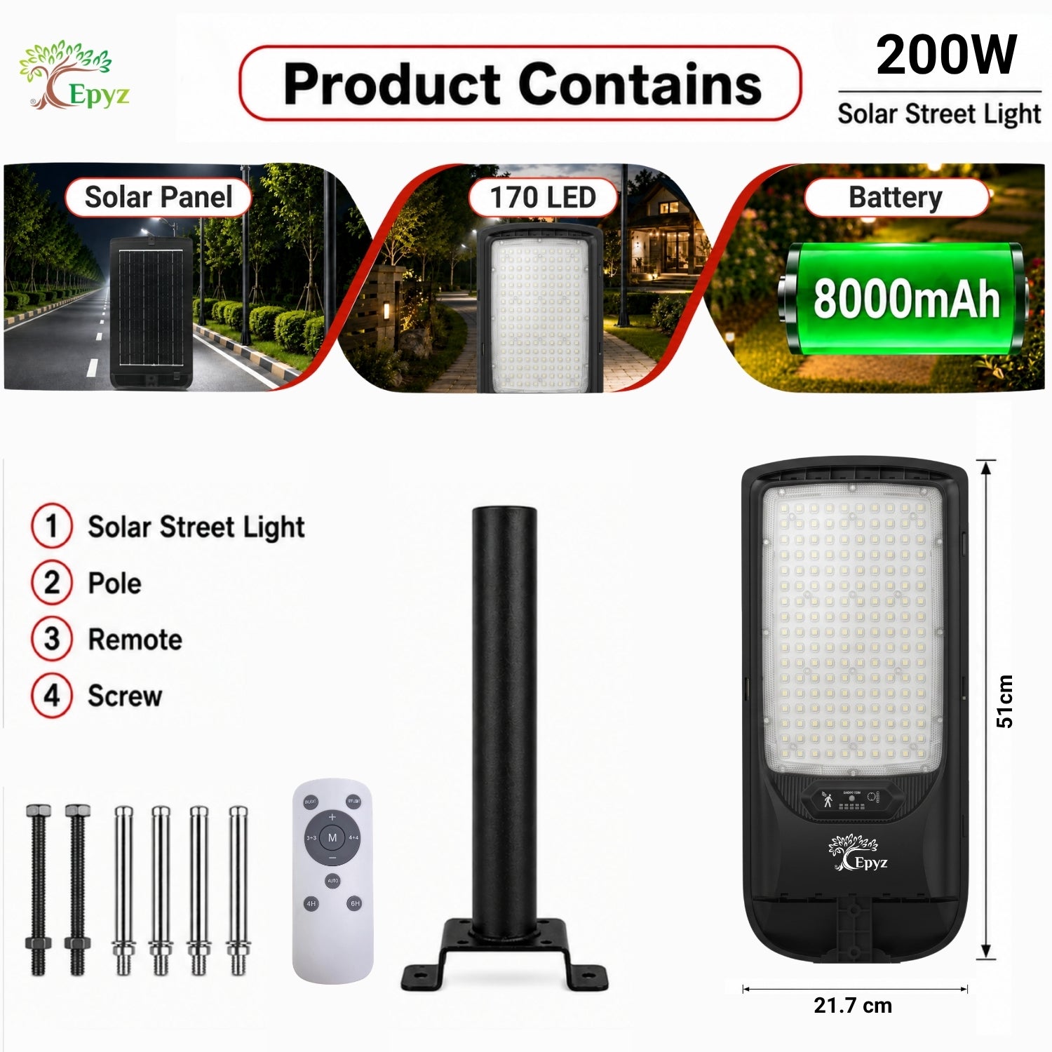 200 WATT SOLAR STREET LIGHT WITH OPTICAL LENS & (170 LED)