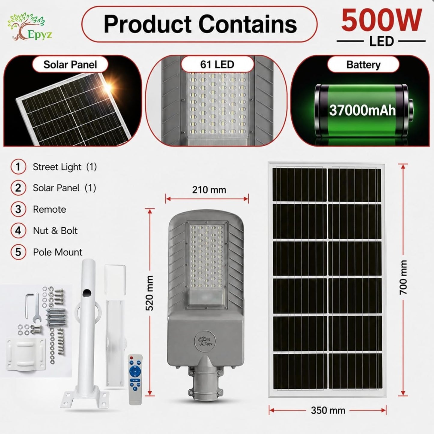 500 WATT SEMI-INTEGRATED SOLAR STREET LIGHT WITH ALUMINIUM BODY ( 61 LED )