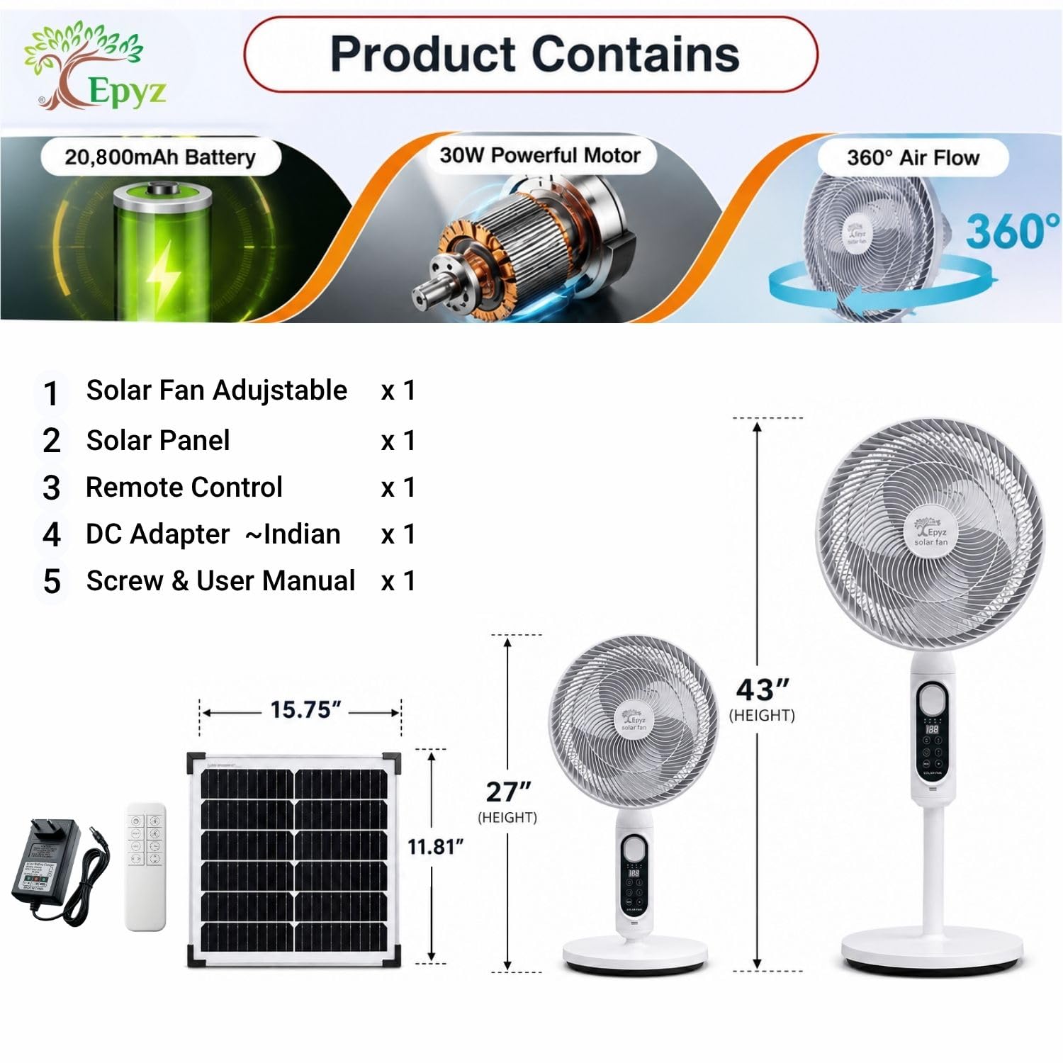 SOLAR POWERED AIR CIRCULATOR FAN WITH 360° ADJUSTABLE TABLE & PEDESTAL FAN