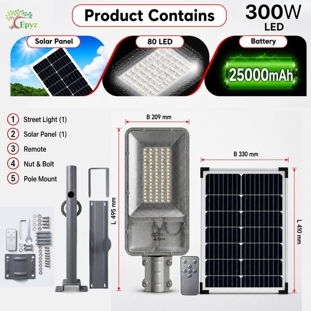300 WATT SEMI-INTEGRATED SOLAR STREET LIGHT WITH ALUMINIUM BODY (128 LED )