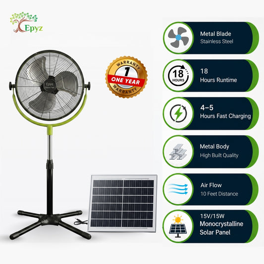 SOLAR POWERED PORTABLE  & RECHARGEABLE FAN - 14 INCH ALUMINIUM BODY (PEDESTAL FAN)
