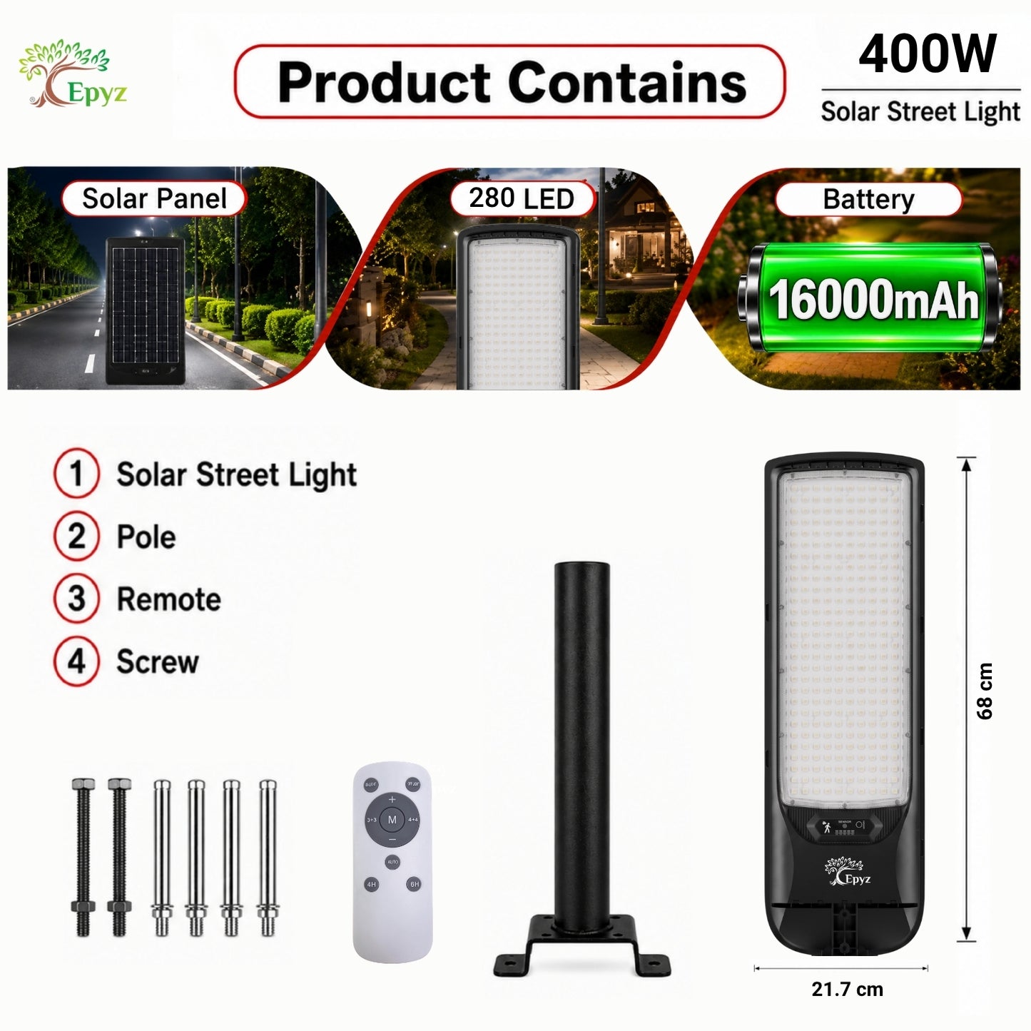 400 WATT SOLAR STREET LIGHT WITH OPTICAL LENS & (280 LED)