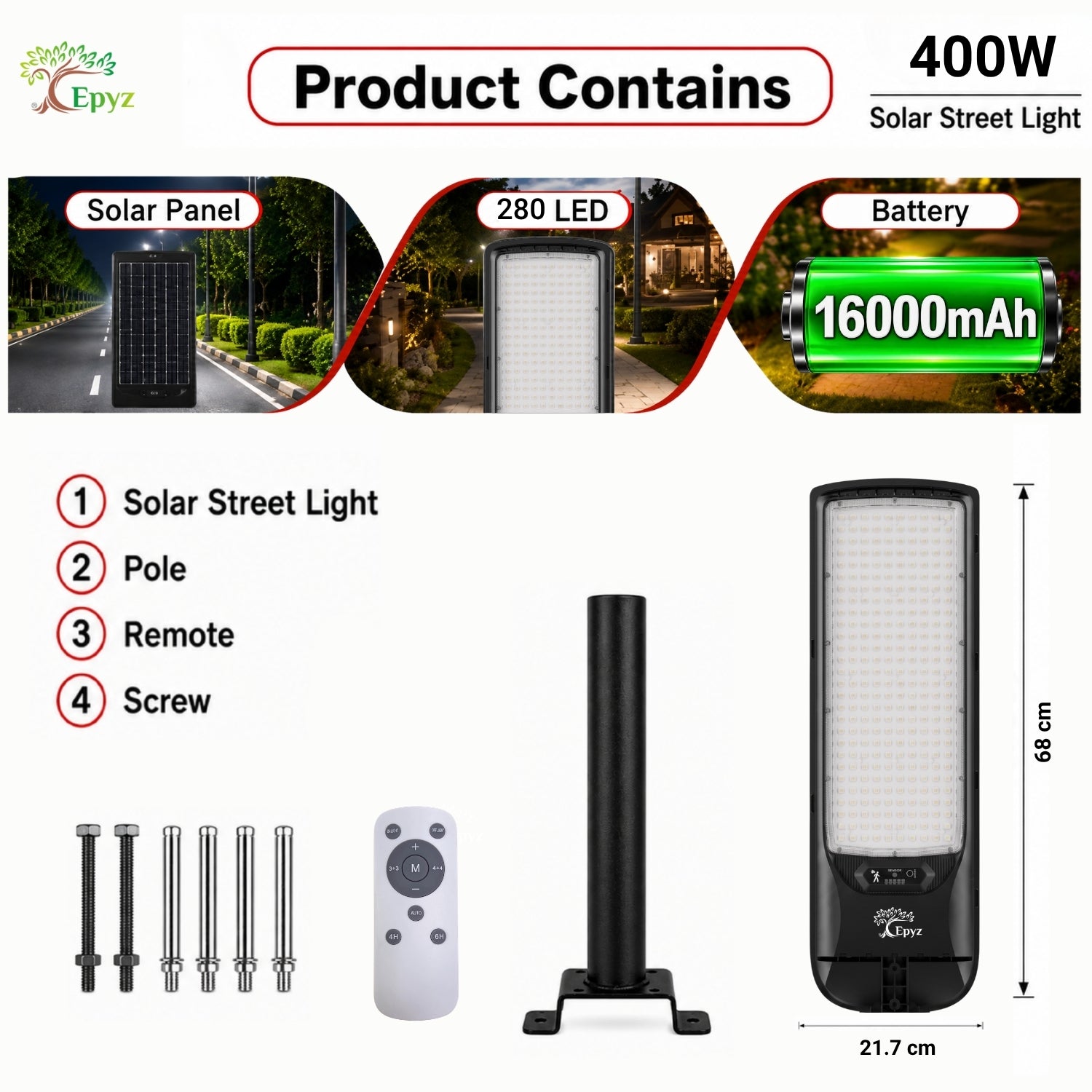 400 WATT SOLAR STREET LIGHT WITH OPTICAL LENS & (280 LED)