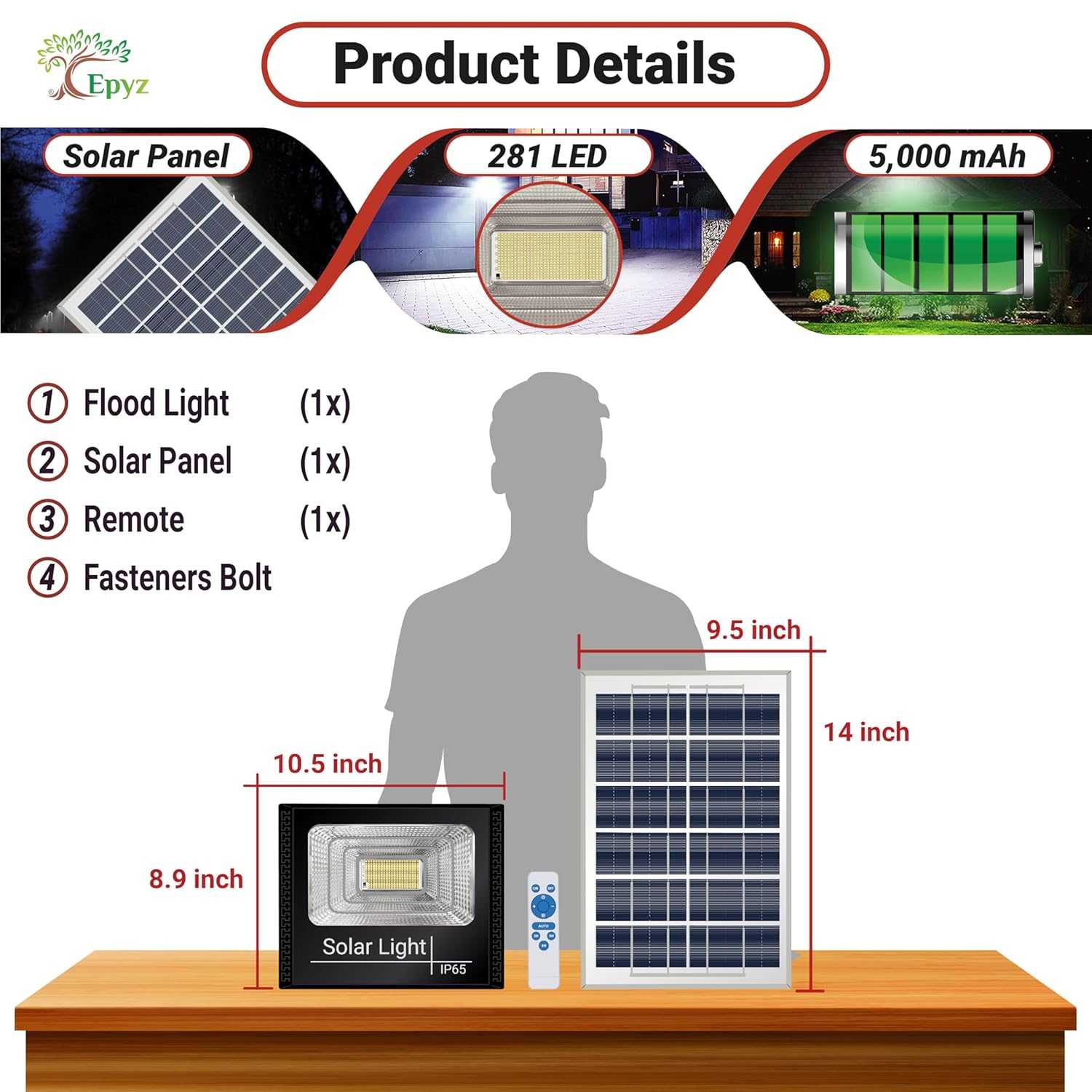 Epyz 100Watt Solar Flood Light Outdoor Waterproof with Remote Control for Home Garden Wall Compound Entrance LED Lamp [ Pack of 1, Cold White ] [ 6000mAh, 281LED ]