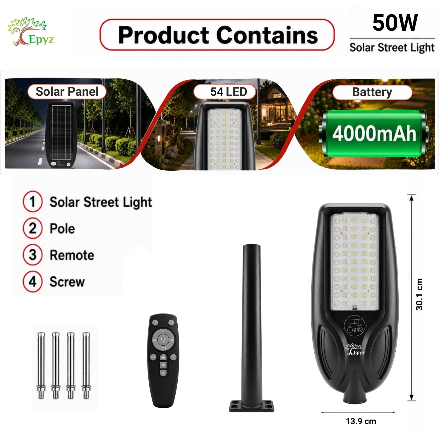 50WATT SOLAR STREET LIGHT WITH OPTICAL LENS LED