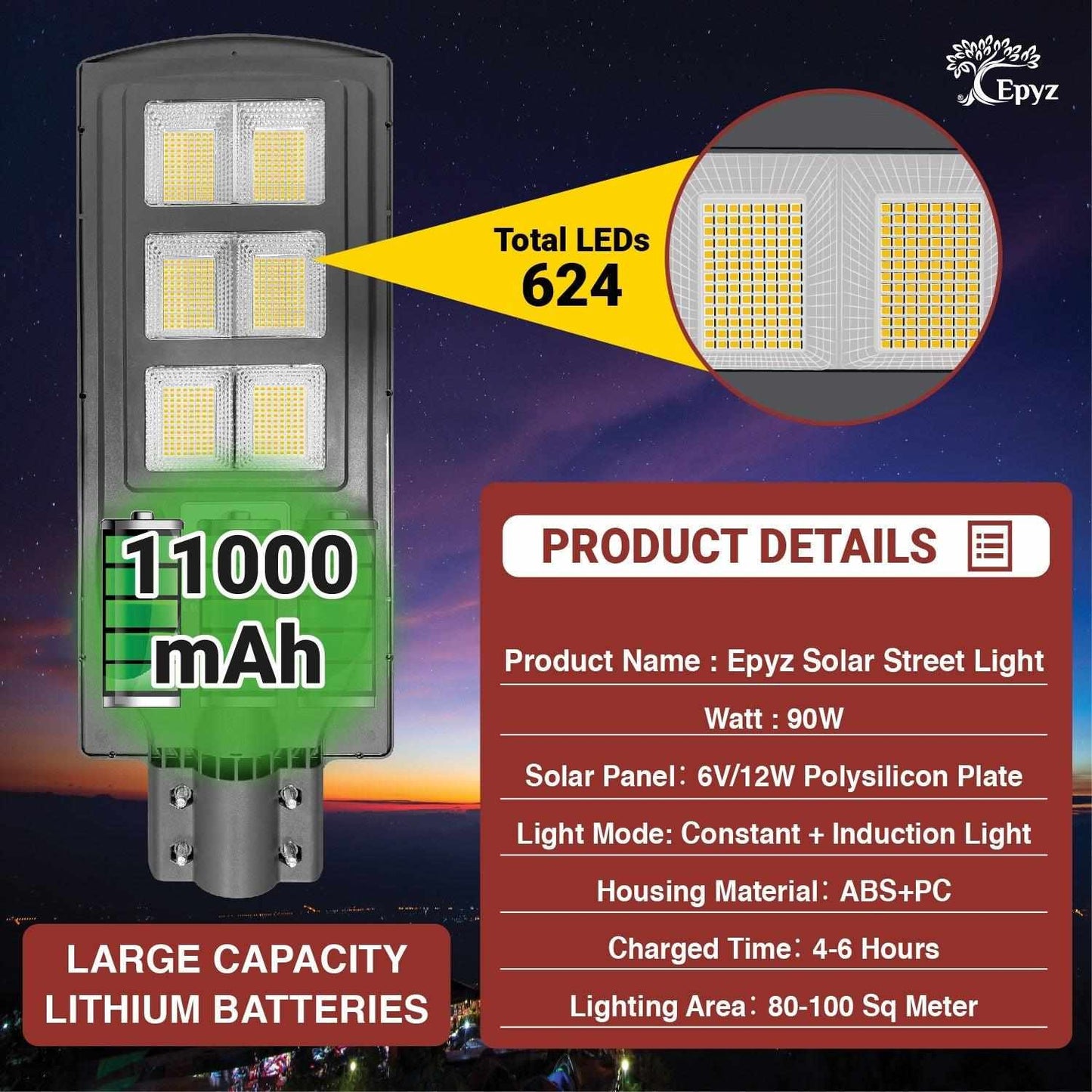 90 Watt Solar Grey Street Warm Lights With Motion Sensor (With Pole)