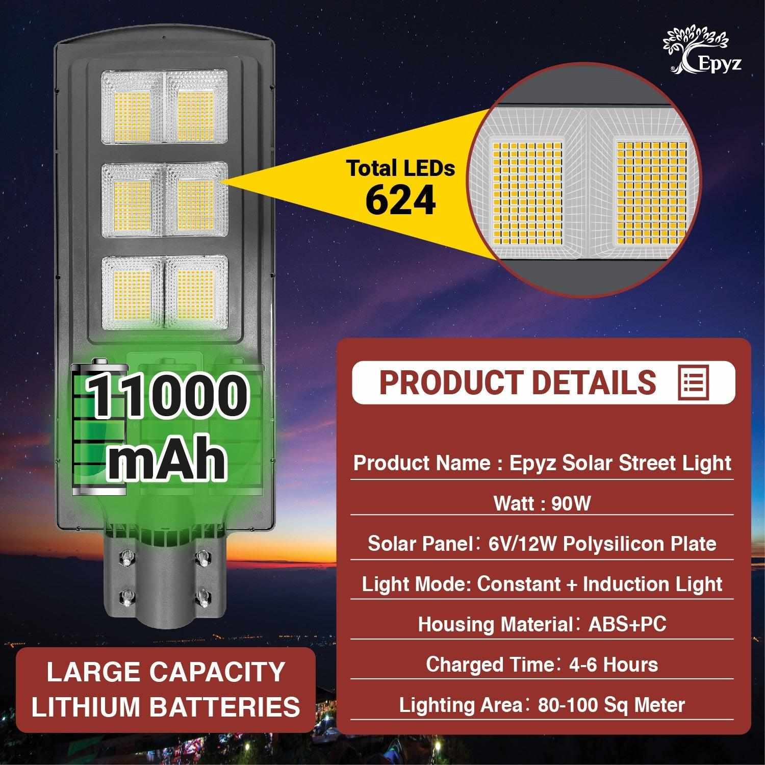 90 Watt Solar Grey Street Warm Lights With Motion Sensor (With Pole)