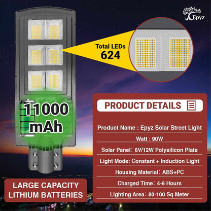 90 Watt Solar Grey Street Warm Lights With Motion Sensor (With Pole)