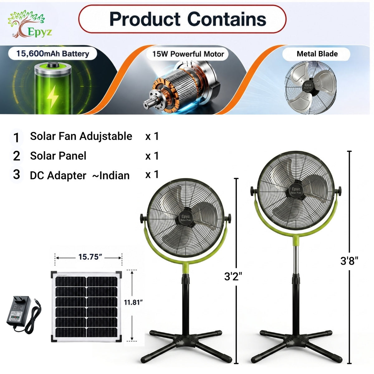 SOLAR POWERED PORTABLE  & RECHARGEABLE FAN - 14 INCH ALUMINIUM BODY (PEDESTAL FAN)