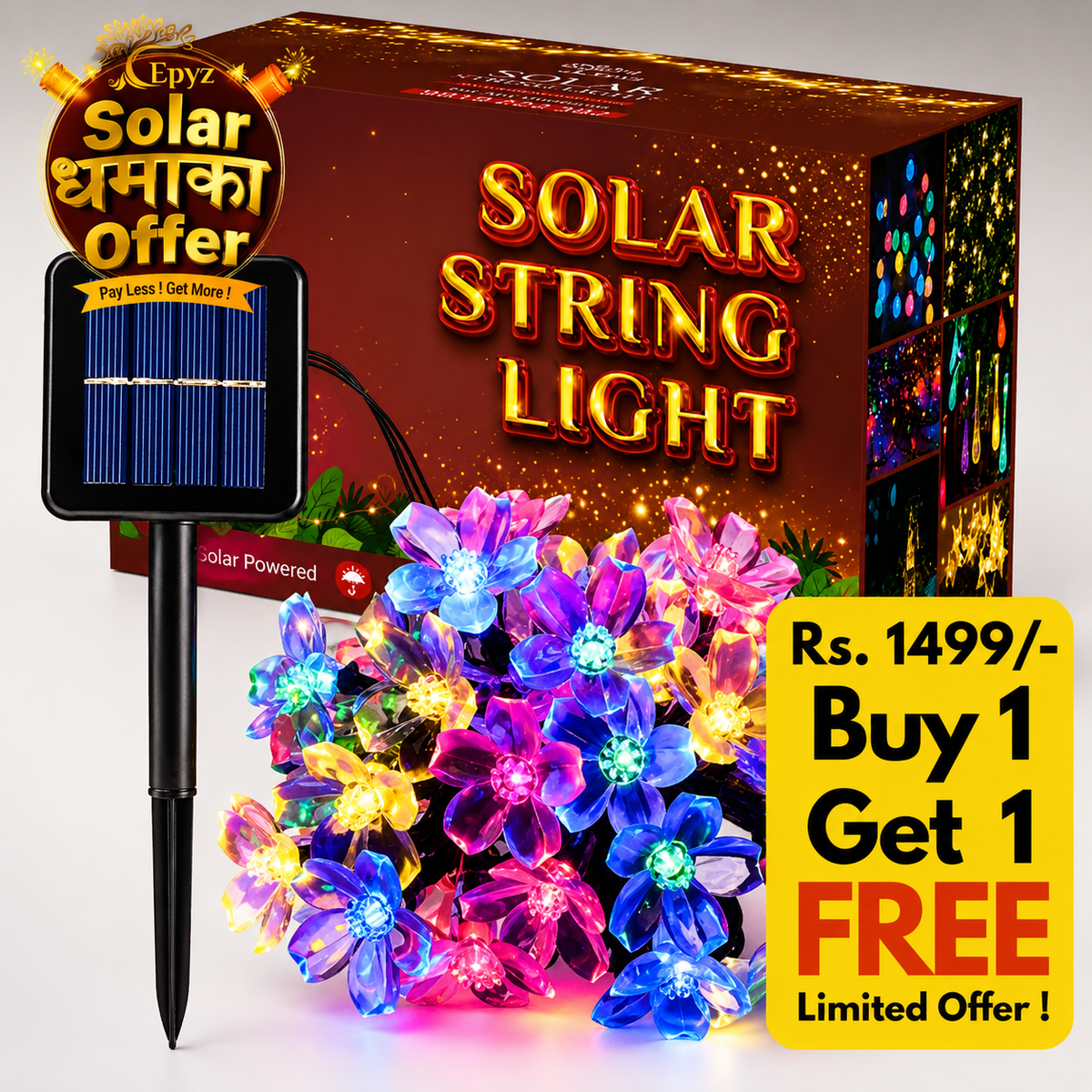 Solar Flower Lights For Home Decor Multicolour - Epyz( Buy 1 Get 1 Free ! )