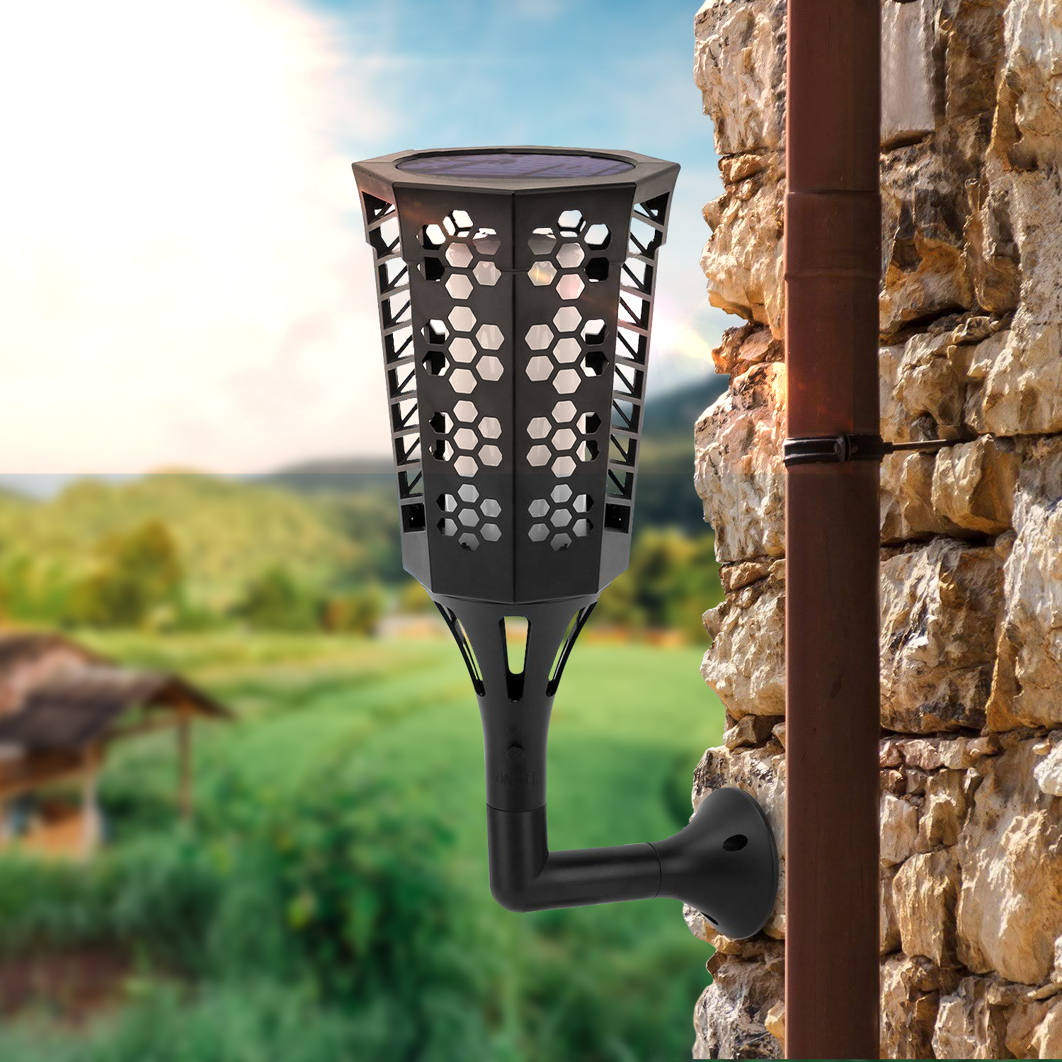 Realistic 66 LED Flickering Solar Flame Wall Light for outdoor garden