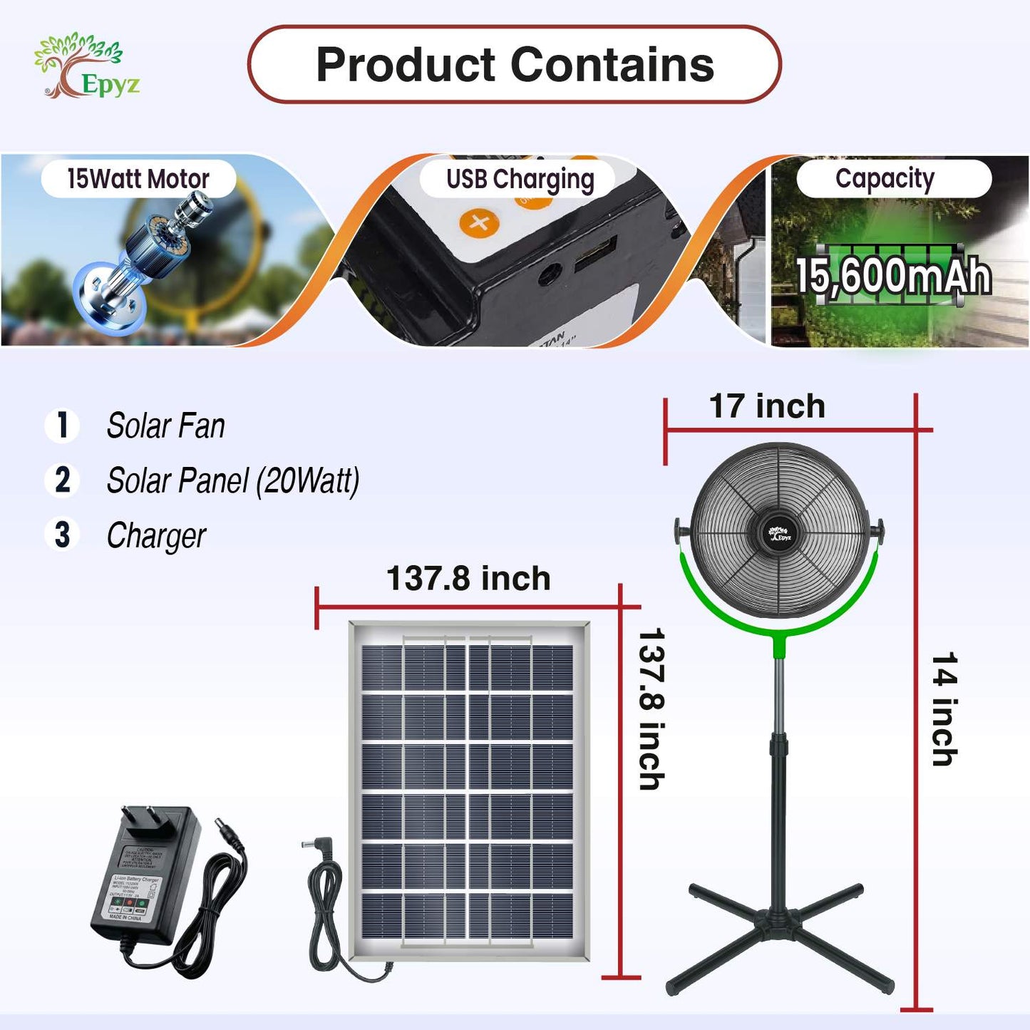 SOLAR POWERED PORTABLE & RECHARGEABLE FAN - 14 INCH ALUMINIUM BODY (PEDESTAL FAN)
