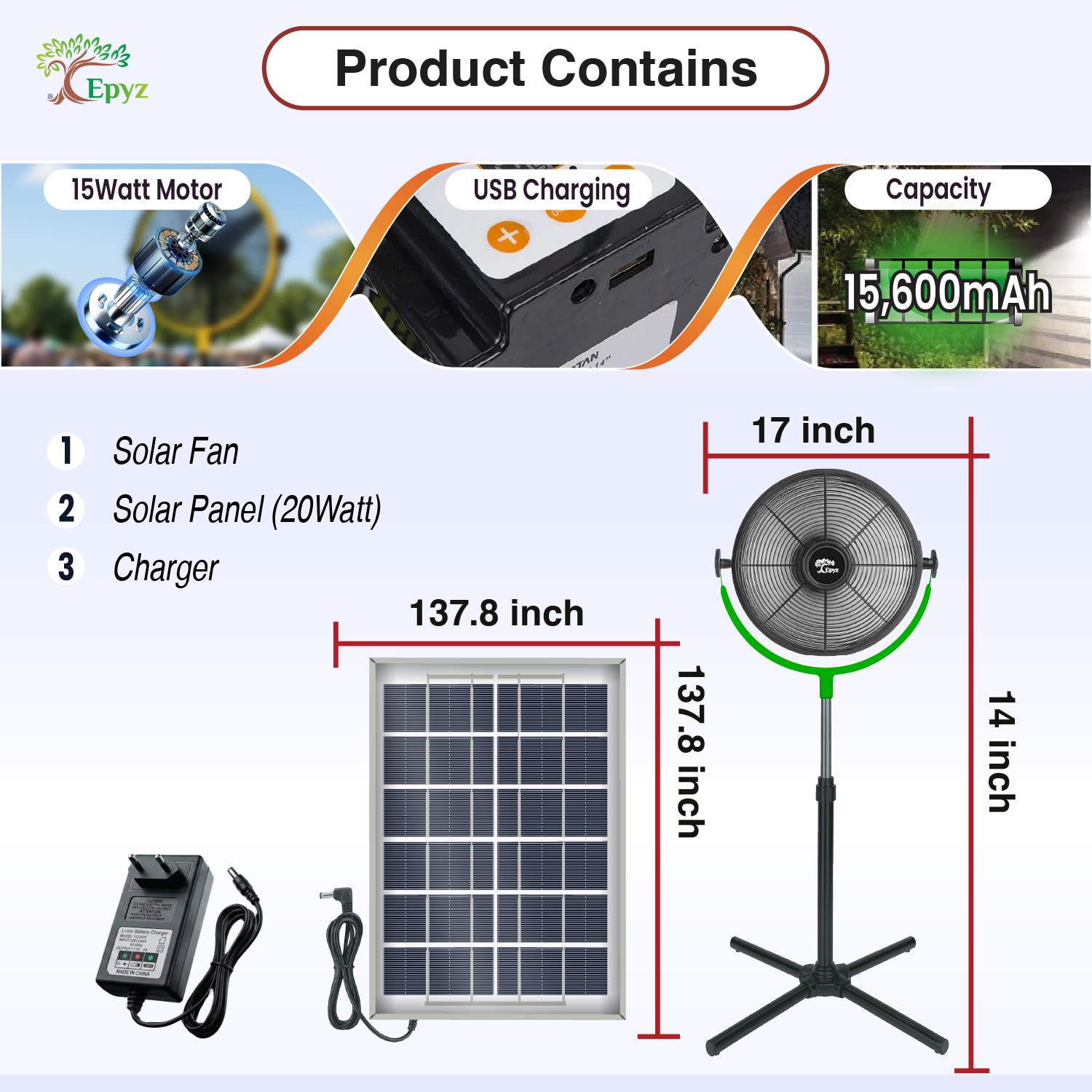 SOLAR POWERED PORTABLE & RECHARGEABLE FAN - 14 INCH ALUMINIUM BODY (PEDESTAL FAN)