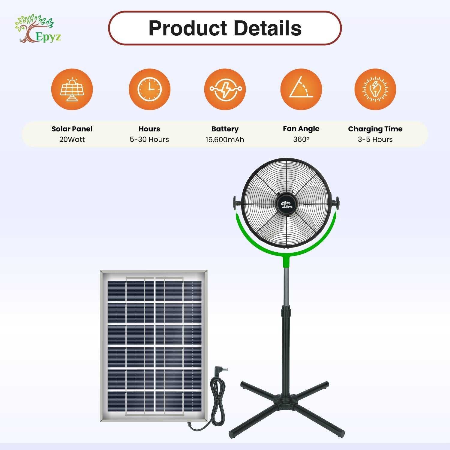 SOLAR POWERED PORTABLE & RECHARGEABLE FAN - 14 INCH ALUMINIUM BODY (PEDESTAL FAN)